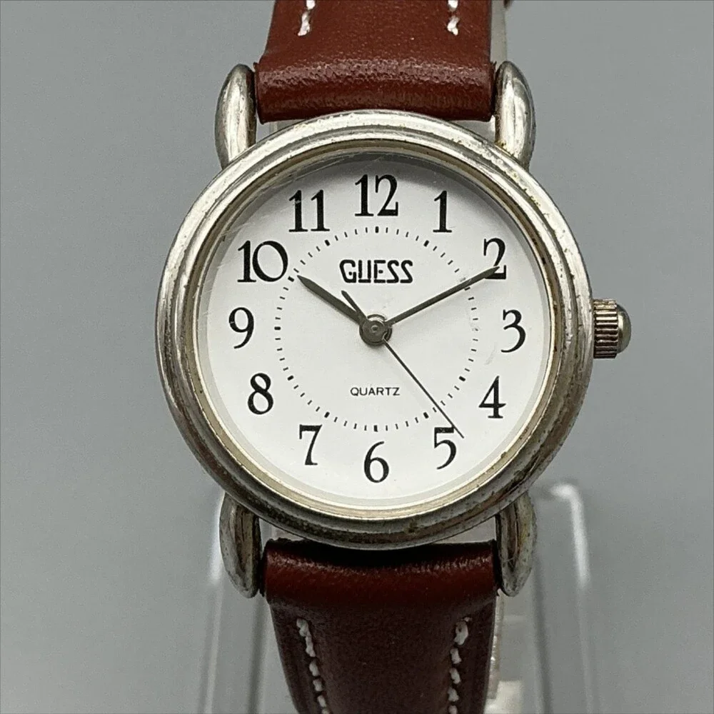 Vintage Guess Womens Watch 25mm Silver Tone White Dial Brown Leather New Battery